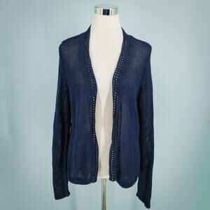 J. McLaughlin Size Large L Blue Open Long Sleeve Linen Cotton Cardigan Sweater